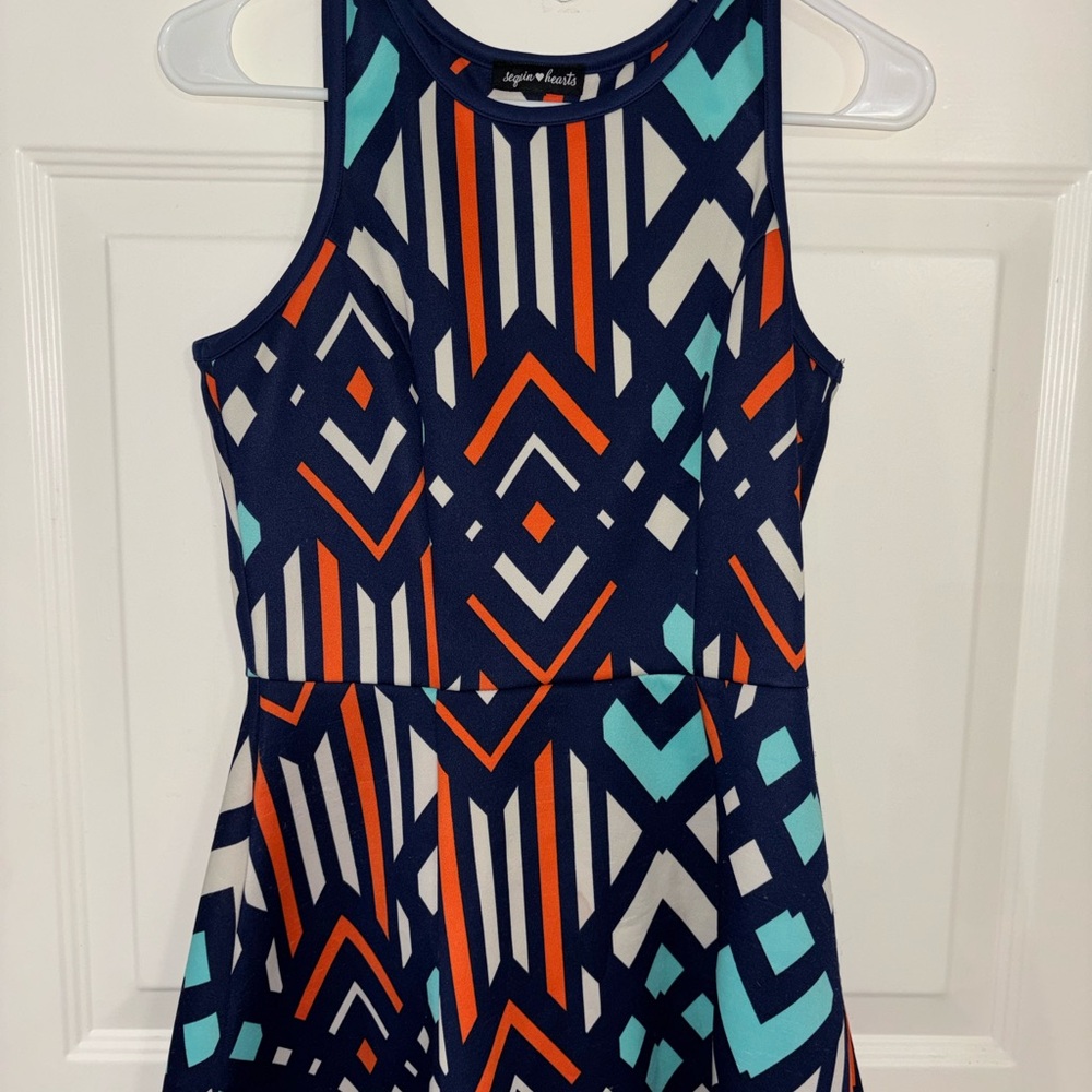 Sequin Hearts Navy and Orange Striped Dress
